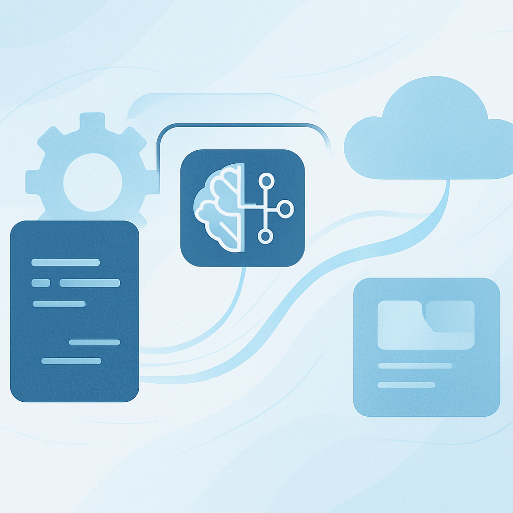 A clean conceptual illustration showing hybrid AI transforming legacy manufacturing code into modern cloudready applications Use abstract geometric sh