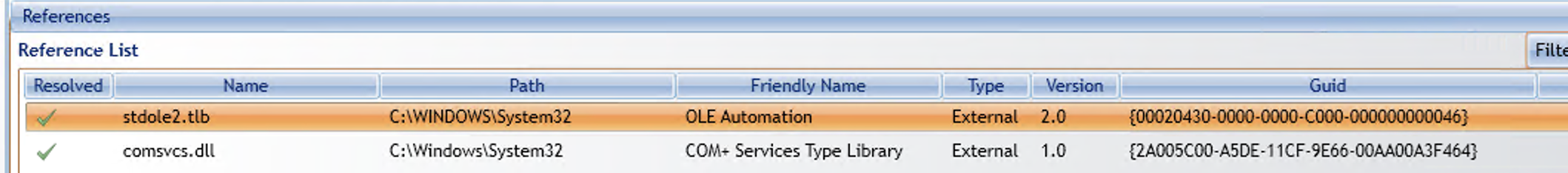 Screenshot of reference lists