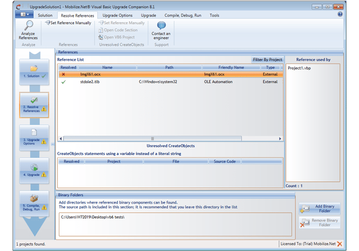 Screenshot of how VBUC can show some errors in the "Resolve References" tab and how to manually fix it