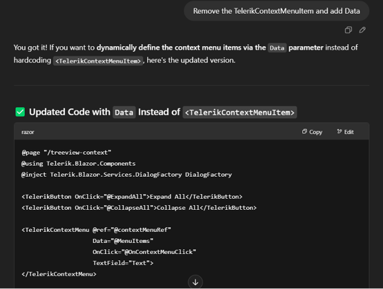 image showing how copilot updated code with context