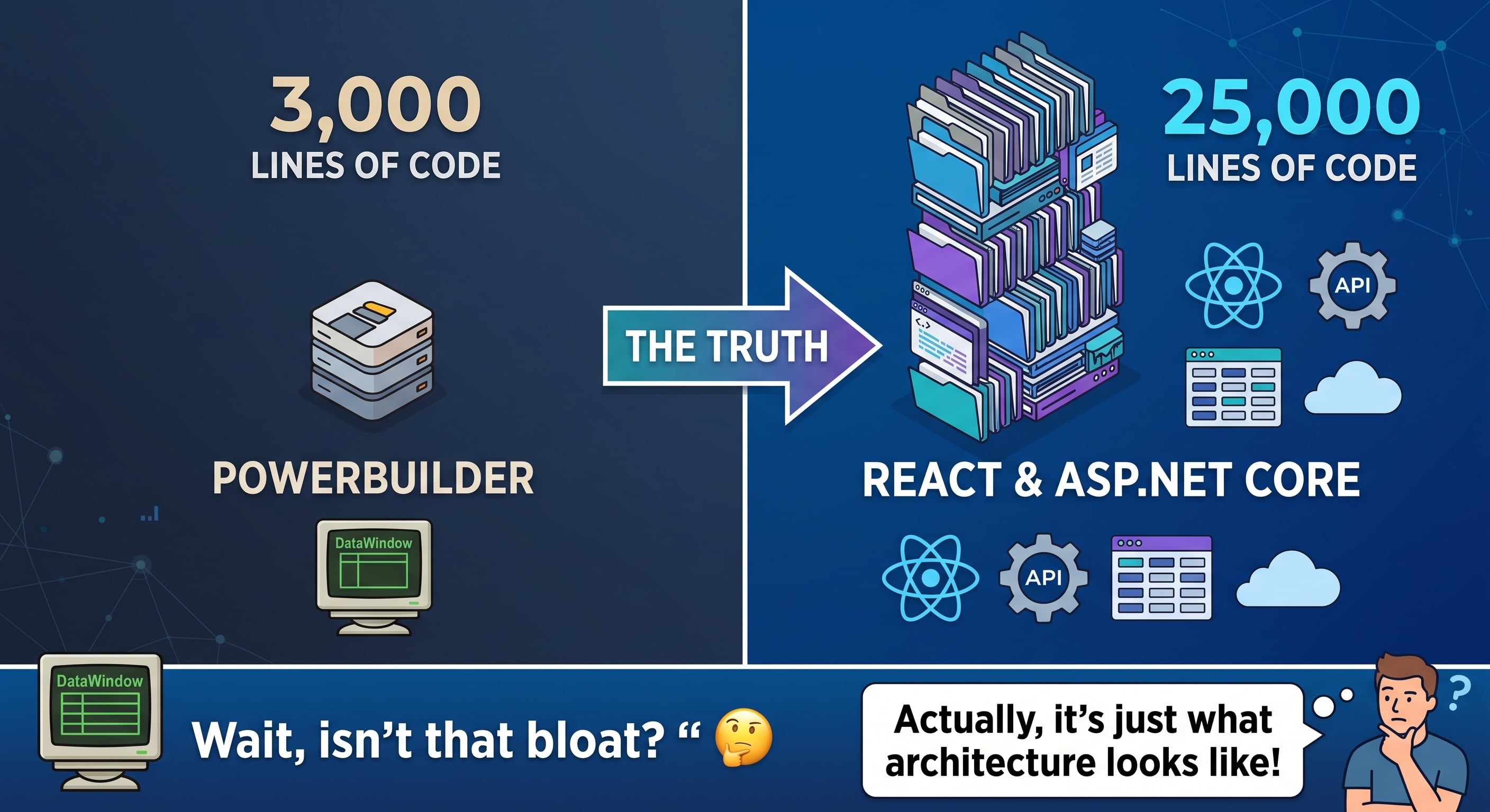 Why 3,000 Lines of PowerBuilder Became 25,000 Lines of React (And Why That's Not Bloat)